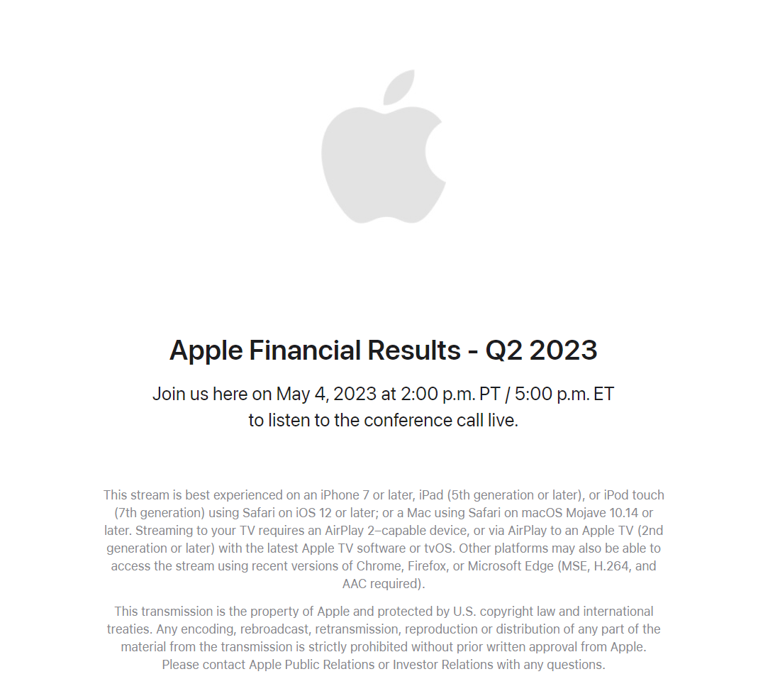 直播网址免费苹果版
:苹果将于 5 月 5 日发布 2023 财年第二季度财报